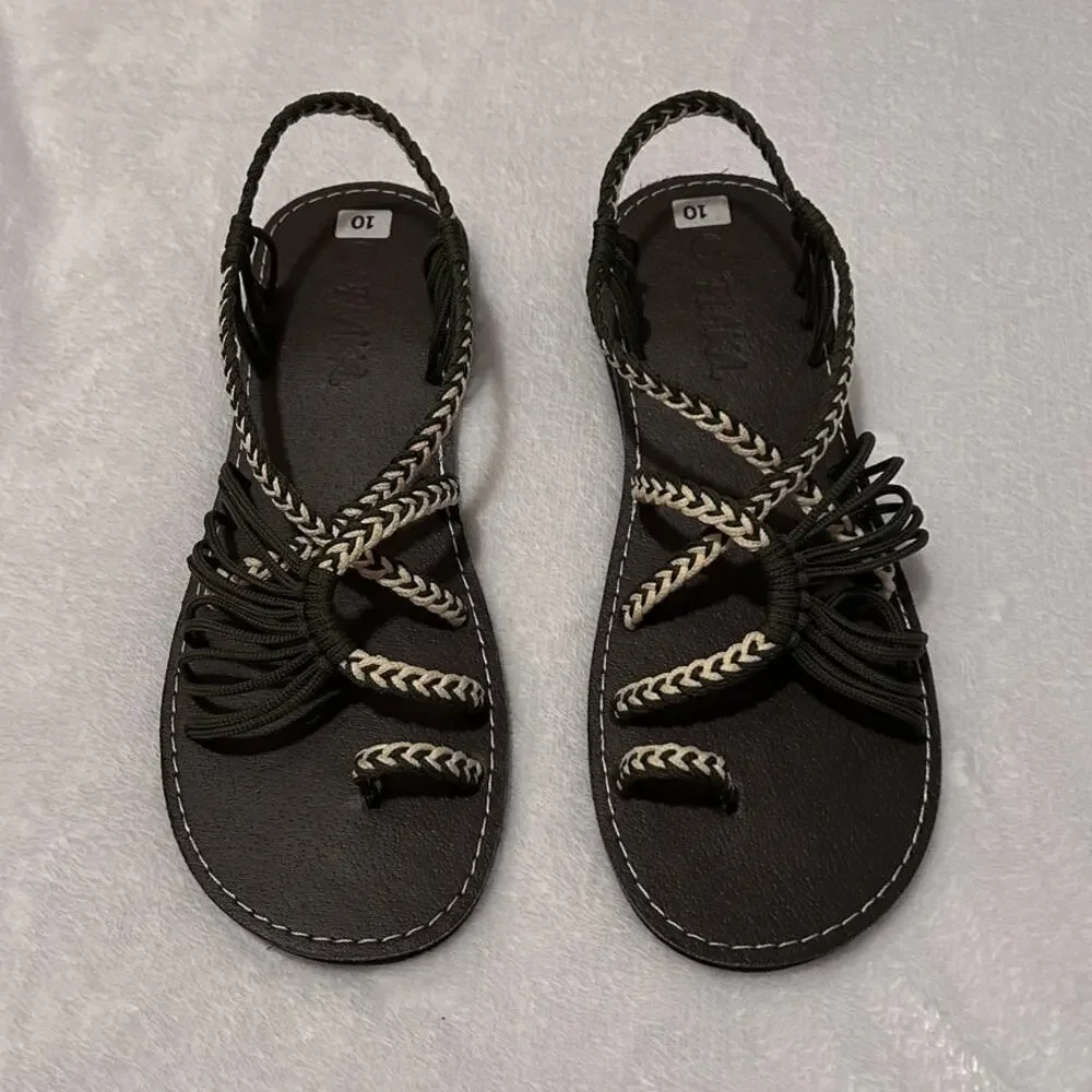 Plaka Flat Sandals for Women Braided Palm Leaf Teal & Moss Green, Size 10